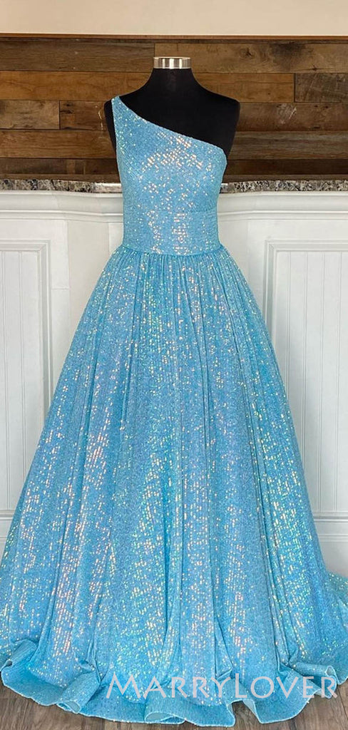 One Shoulder Hot Pink Sequin Sparkly A-line Long Evening Prom Dresses, MR8030