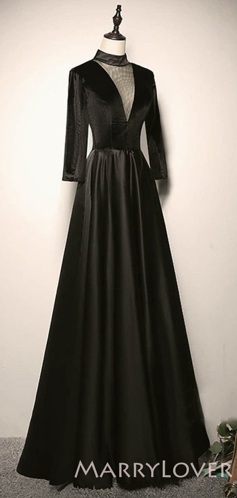 Long Sleeves Black Satin V-ncek Long Mermaid Evening Prom Dresses, Cheap Custom Prom Dress, MR8040