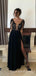 Sexy Deep V-neck Black Chiffon See Through Appliques Long Prom Dresses, Long Sleeves Prom Dress, MR8046