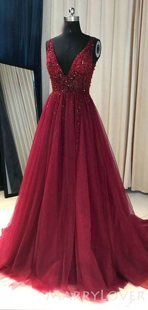 A-line Burgundy Tulle Beaded Long Evening Prom Dresses, MR8087