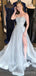 Spaghetti Straps A-line Dusty Blue Tulle Beaded Long Evening Prom Dresses, MR8094