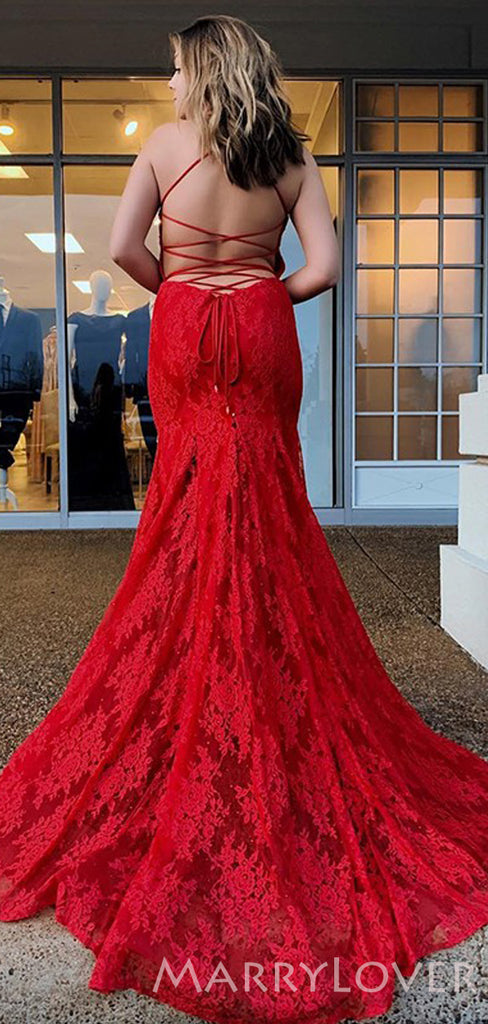 Deep V-neck Red Lace Spaghetti Straps Long Mermaid Evening Prom Dresses, MR8099