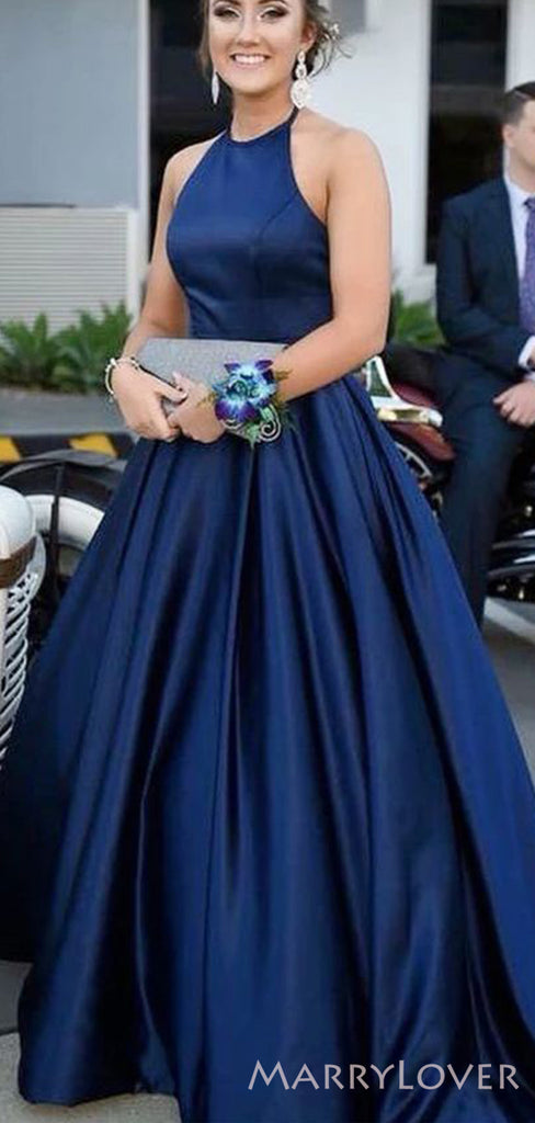 A-line Navy Blue Satin Halter Long Evening Prom Dresses, MR8127