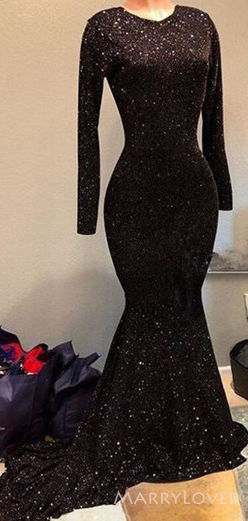 Long Sleeves Black Sequin High Neck Long Mermaid Evening Prom Dresses, Cheap Custom Prom Dresses, MR8158