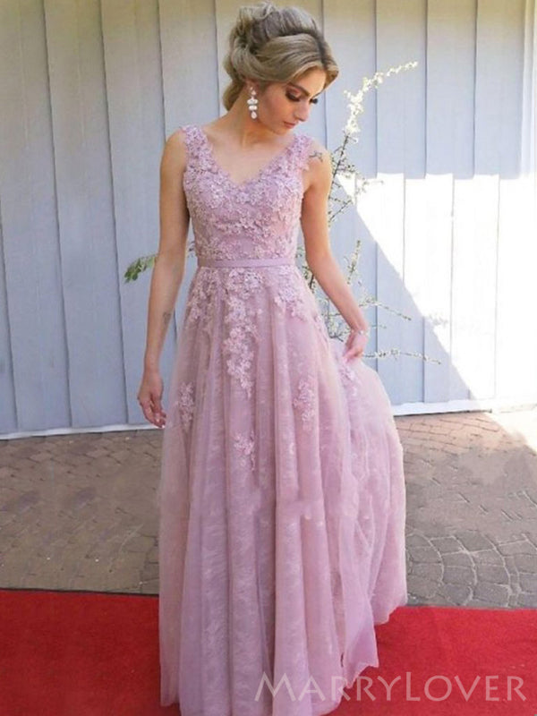 A-line Lilac Lace Appliques Long V Neck Evening Prom Dresses, MR8172