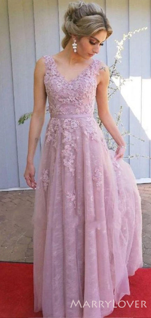 A-line Lilac Lace Appliques Long V Neck Evening Prom Dresses, MR8172