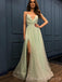 A-line Light Green Sequin Spaghetti Straps V Neck Long Evening Prom Dresses, Cheap Custom Prom Dresses, MR8175