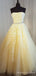 A-line Yellow Tulle Appliques Strapless Long Evening Prom Dresses, MR8182