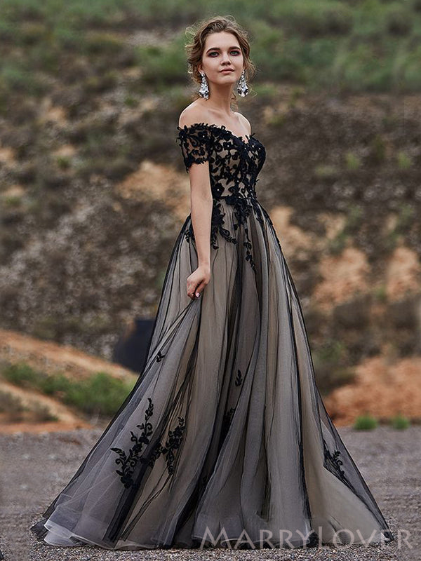 Off Shoulder Black Tulle Appliques A-line Long Evening Prom Dresses, MR8183