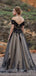 Off Shoulder Black Tulle Appliques A-line Long Evening Prom Dresses, MR8183