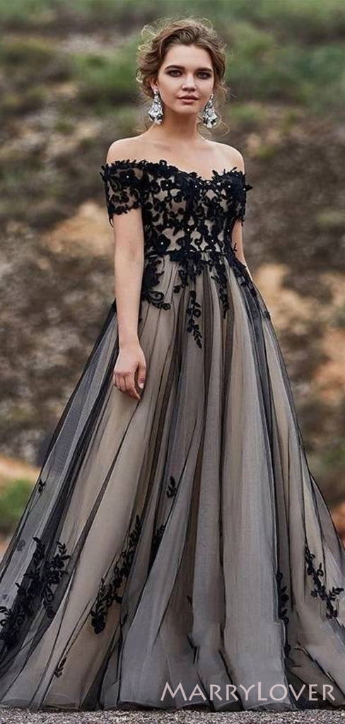 Off Shoulder Black Tulle Appliques A-line Long Evening Prom Dresses, MR8183