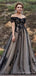 Off Shoulder Black Tulle Appliques A-line Long Evening Prom Dresses, MR8183