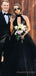 A-line Black Tulle Long Evening Prom Dresses, Deep V Neck Halter Custom Prom Dress, MR8192