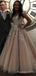 A-line Champagne Tulle Appliques Long Evening Prom Dresses, MR8208
