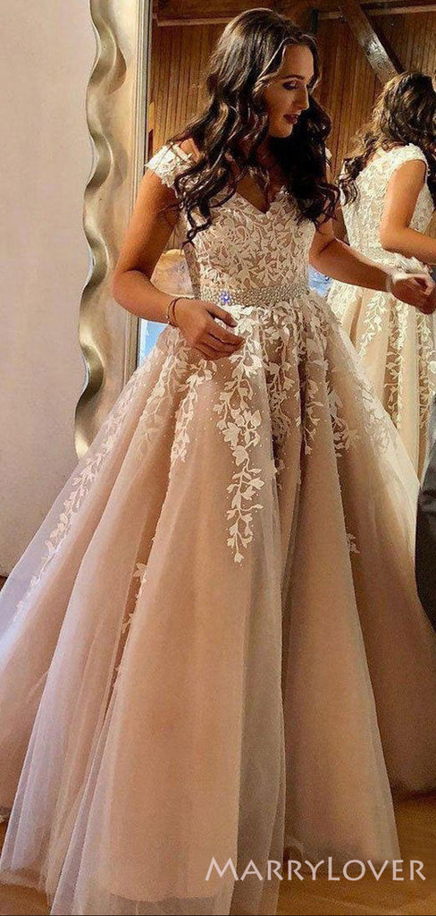 A-line Champagne Tulle Appliques Long Evening Prom Dresses, MR8208