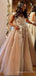 A-line Champagne Tulle Appliques Long Evening Prom Dresses, MR8208