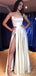 Champagne Satin Spaghetti Straps Long backless Evening Prom Dresses, A-line  High Slit Custom Prom Dresses, MR8318