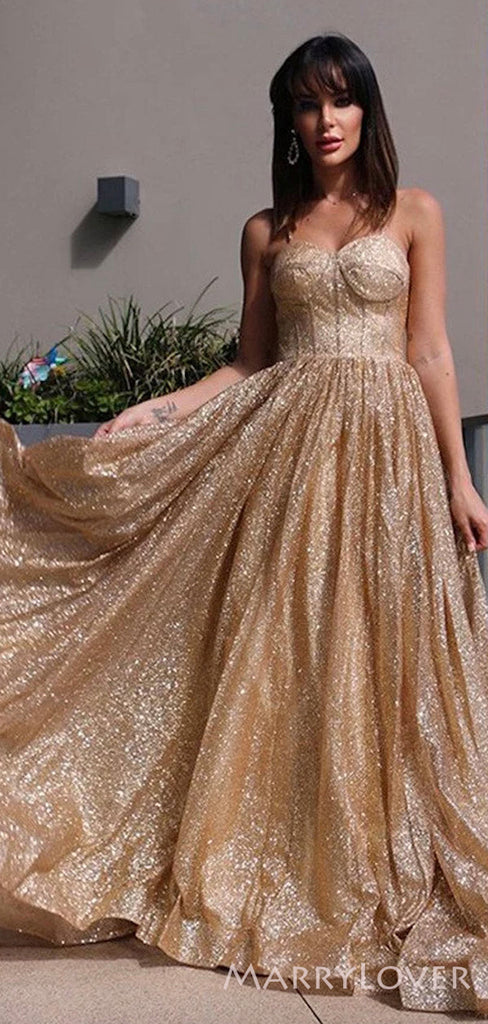 A-line Gold Sparkly Strapless Long Evening Prom Dresses, Cheap Custom Prom Dresses, MR8450