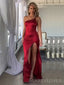 One Shoulder Mermaid Red Satin Spaghetti Straps Long Evening Prom Dresses, Custom Prom Dress, MR8489