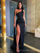 One Shoulder Mermaid Black Satin Long Evening Prom Dresses, Custom Side Slit Prom Dress, MR8496