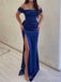 Royal Blue Satin Mermaid Off Shoulder Long Evening Prom Dresses, Custom Side Slit Prom Dress, MR8497