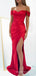 Red Satin Off Shoulder Mermaid Sweet Heart Long Evening Prom Dresses, Custom Side Slit Prom Dress, MR8515