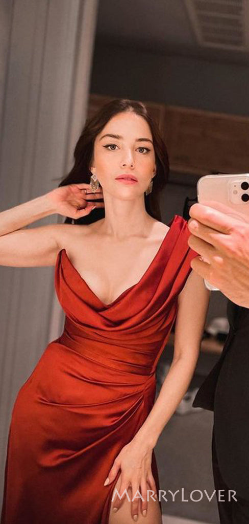 One Shoulder Mermaid Sweet Heart Long Satin Evening Prom Dresses, Custom Side Slit Prom Dress, MR8519