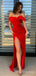 Red Satin Off Shoulder Side Slit Long Evening Prom Dresses, Custom Mermaid Prom Dress, MR8543