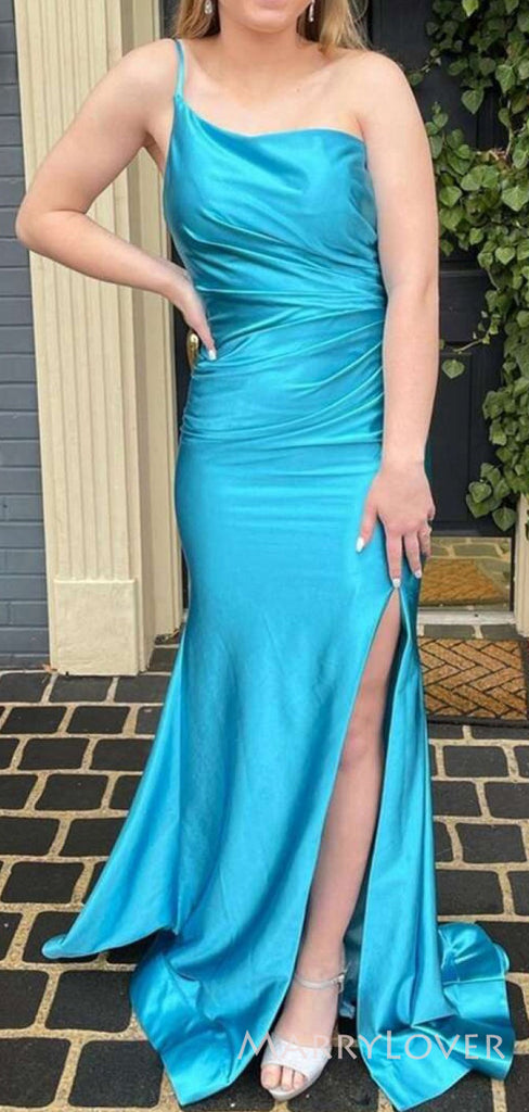 One Shoulder Satin Long Evening Prom Dresses, Custom Mermaid Prom Dress, MR8559