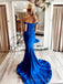 Royal Blue Satin Off Shoulder Long Evening Prom Dresses, Custom Mermaid Prom Dress, MR8562