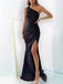 One Shoulder Black Satin Mermaid Long Evening Prom Dresses, Custom Prom Dress, MR8574