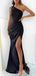 One Shoulder Black Satin Mermaid Long Evening Prom Dresses, Custom Prom Dress, MR8574