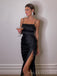 Mermaid Spaghetti Straps Black Satin Long Evening Prom Dresses, Custom Side Slit Prom Dress, MR8604
