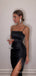 Mermaid Spaghetti Straps Black Satin Long Evening Prom Dresses, Custom Side Slit Prom Dress, MR8604