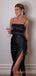 Mermaid Spaghetti Straps Black Satin Long Evening Prom Dresses, Custom Side Slit Prom Dress, MR8604