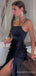 Mermaid Spaghetti Straps Black Satin Long Evening Prom Dresses, Custom Side Slit Prom Dress, MR8604