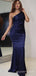 One Shoulder Mermaid Navy Blue Satin Long Evening Prom Dresses, Custom Prom Dress, MR8616