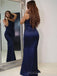 One Shoulder Mermaid Navy Blue Satin Long Evening Prom Dresses, Custom Prom Dress, MR8616