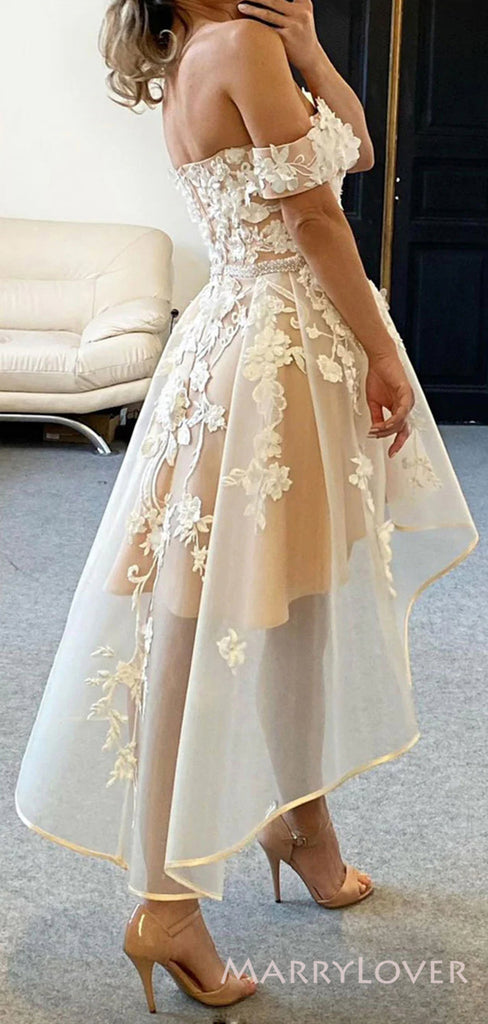 Off Shoulder Champagne Organza Appliques Short Evening Prom Dresses, Custom Homecoming Dress, MR8669