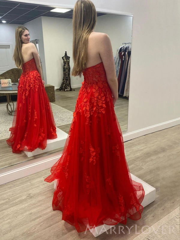 Red Tulle Appliques A-line Long Evening Prom Dresses, Custom Strapless Prom Dress, MR8670