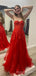 Red Tulle Appliques A-line Long Evening Prom Dresses, Custom Strapless Prom Dress, MR8670