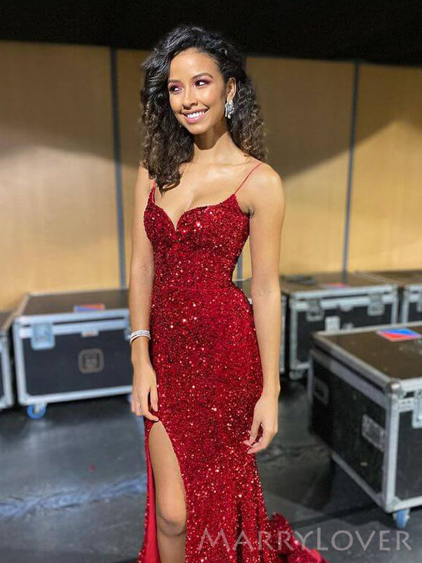 Red Sequins Spaghetti Straps Mermaid Long Evening Prom Dresses, Custom Side Slit Prom Dress, MR8680