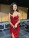 Red Sequins Spaghetti Straps Mermaid Long Evening Prom Dresses, Custom Side Slit Prom Dress, MR8680