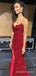 Red Sequins Spaghetti Straps Mermaid Long Evening Prom Dresses, Custom Side Slit Prom Dress, MR8680