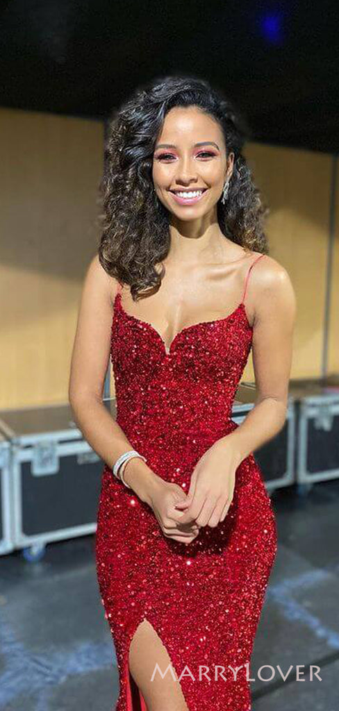 Red Sequins Spaghetti Straps Mermaid Long Evening Prom Dresses, Custom Side Slit Prom Dress, MR8680