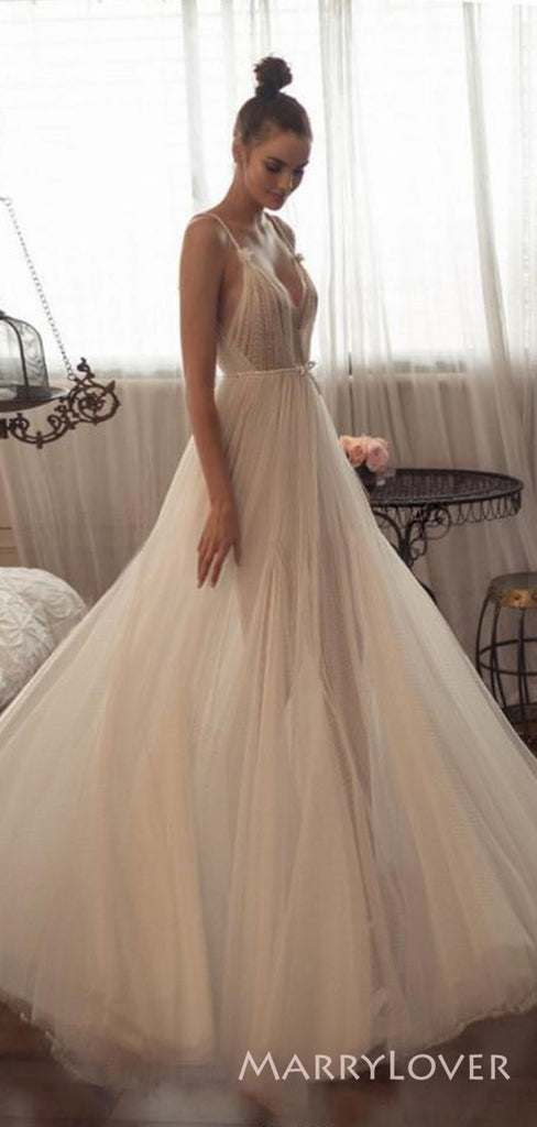 See Strough A-line Tulle Spaghetti Straps Long Evening Prom Dresses, Custom Prom Dress, MR8686