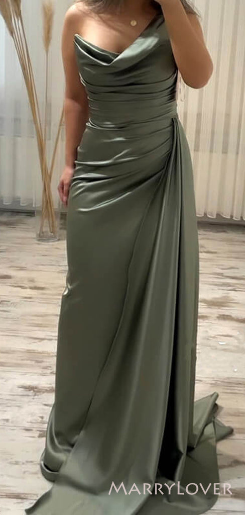 One Shoulder Satin V-neck Long Evening Prom Dresses, Custom Prom Dress, MR8699