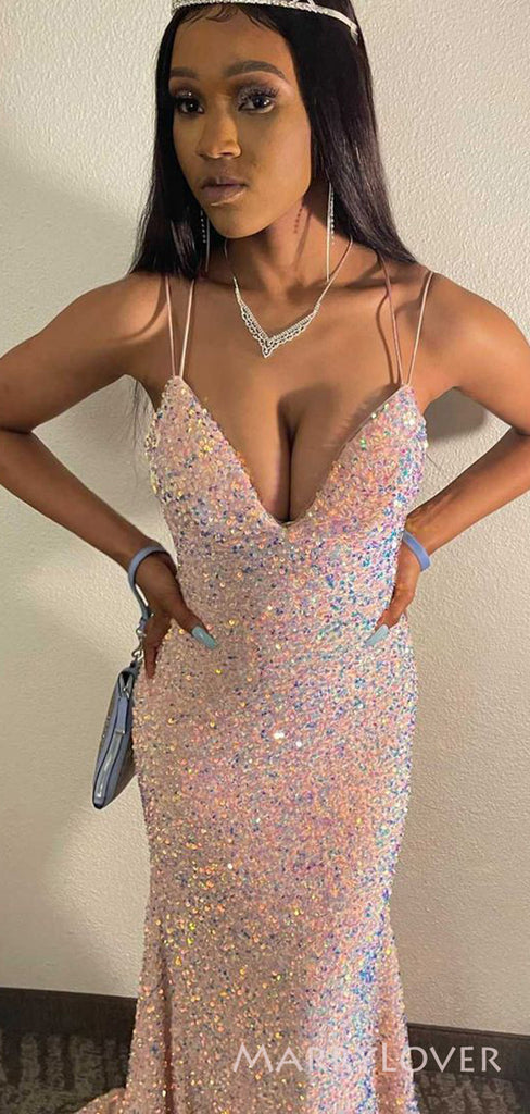 Popular Sequins Mermaid Spaghetti Straps Long Evening Prom Dresses, Custom Prom Dress, MR8762