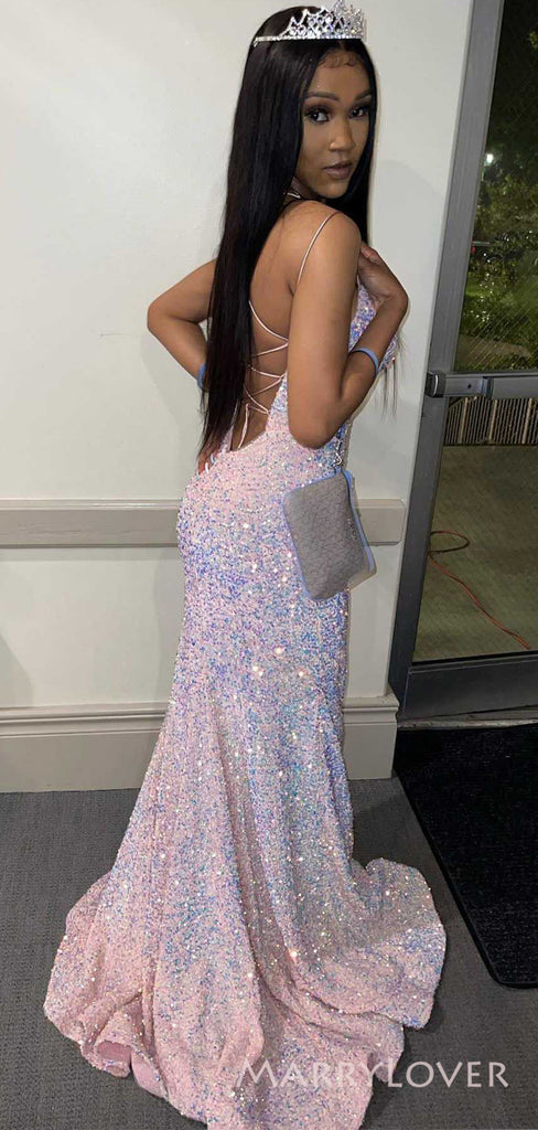 Popular Sequins Mermaid Spaghetti Straps Long Evening Prom Dresses, Custom Prom Dress, MR8762
