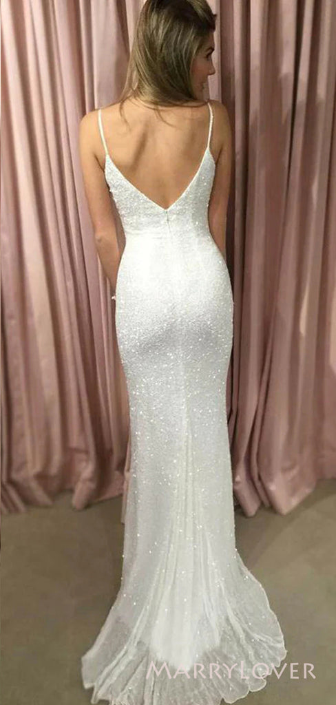 Mermaid White Sequins V-neck Long Evening Prom Dresses, Custom Spaghetti Straps Prom Dress, MR8785